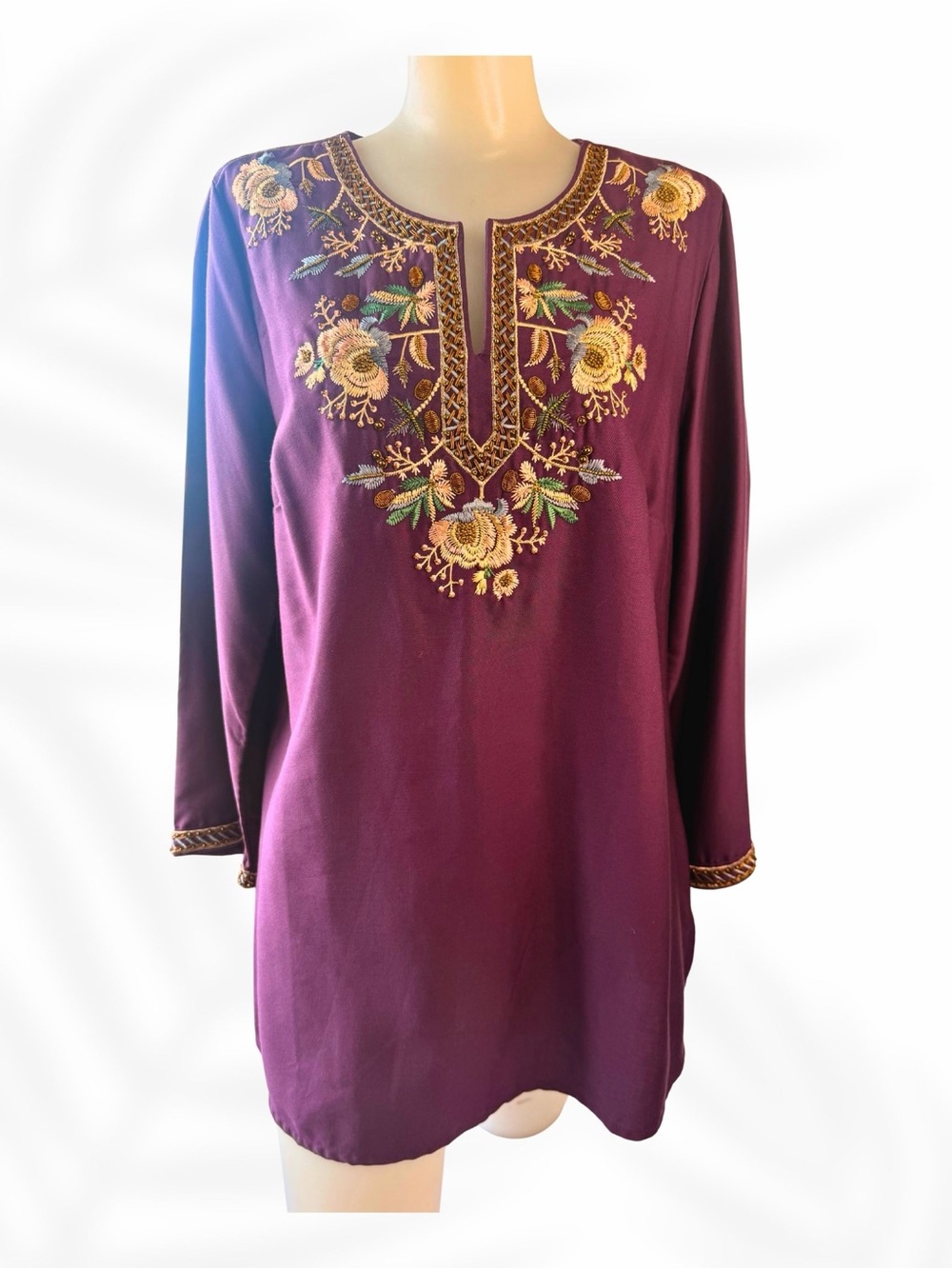 Soft Surroundings Embroidered Tunic Top Purple Boho Floral Beaded Blouse Size M